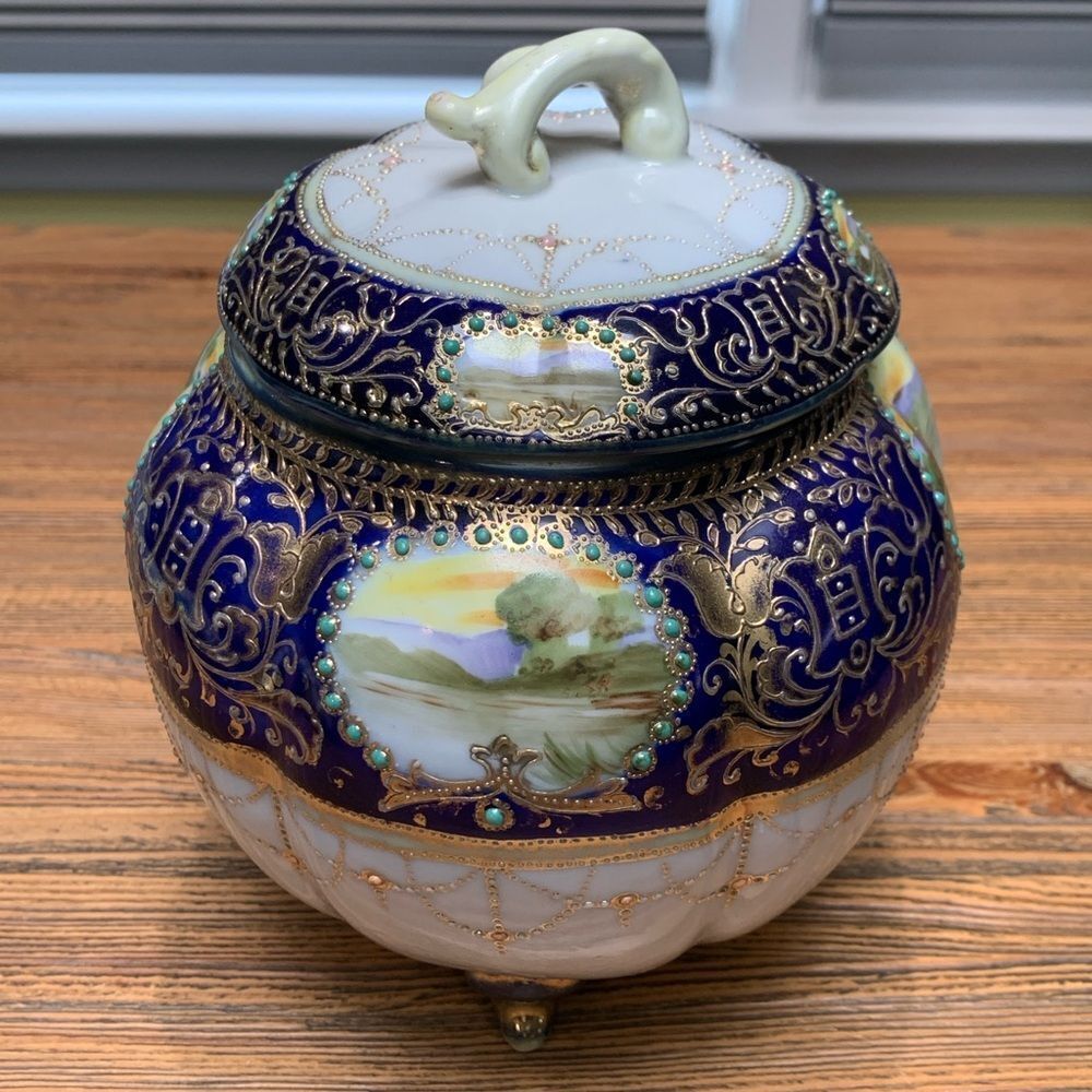 Nippon Vintage Ornate Blue and Gold Covered Jar With Landscape Scenes